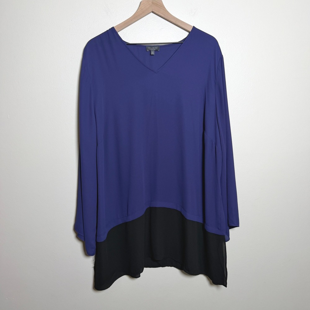 The Limited Womens Top 2X Blue Colorblock V-Neck Long Sleeve Chiffon Office